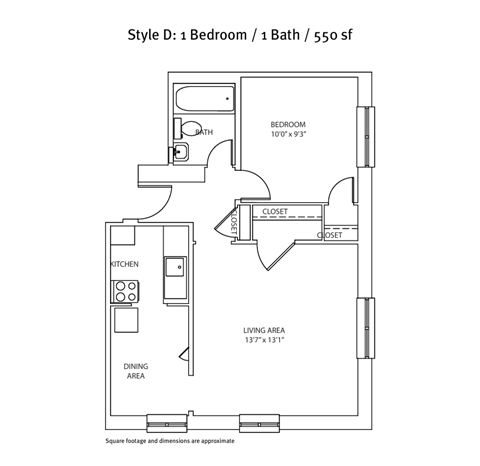 Floor plan for 1 bed, 1 bath, 550 sqft